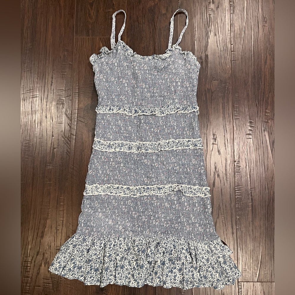 Floral Lace Trim Mini Dress - Blue